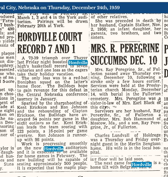 Work on new Hordville gym progessing December 1959